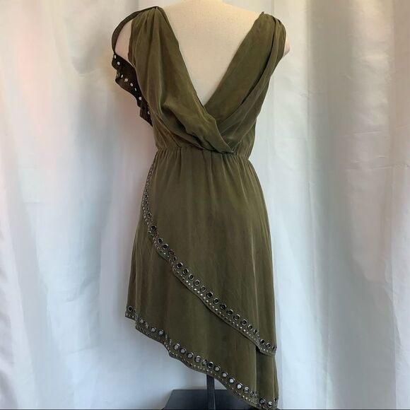 HAUTE Hippie Military green grommets silk dress Sz XS - Picture 4 of 14